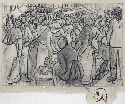 Studium kompozycyjne dla „Market of Gisors (rue Cappeville)” ze studium kobiecej głowy widzianej z profilu zwróconego w lewo poniżej, 1893 (pióro i tusz indyjski na węglu i ołówek na kalce kreślarskiej) autorstwa Camille Jacob Pissarro
